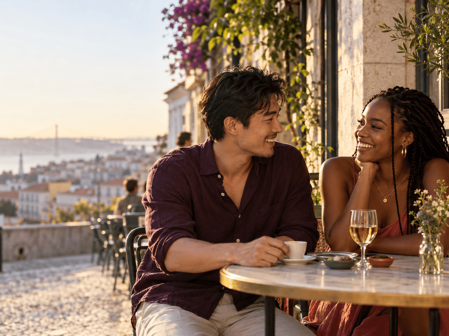A couple from different countries getting to know each other over coffee in Lisbon